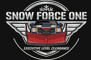Snow Force One logo featuring a snow plow truck with red blade and wings