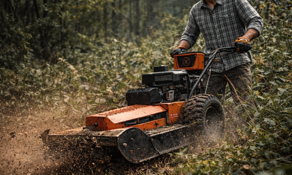 Man operating an orange wood chipper machine in a forested area with wood chips flying