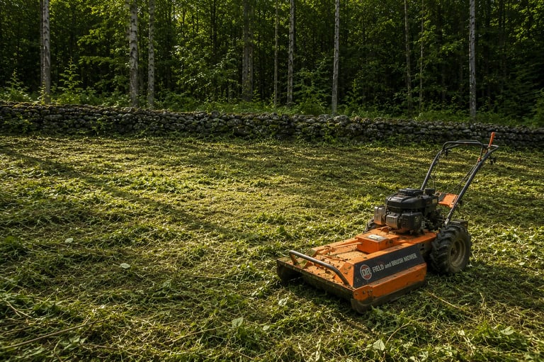 Orange field mower parked on moss-covered ground in front of dense forest with tall trees