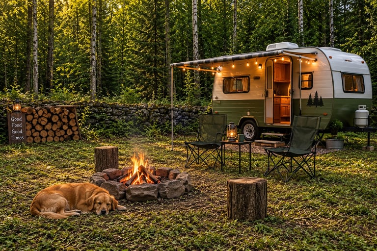 Dog resting by a campfire beside a vintage travel trailer in a forest campsite with warm lighting