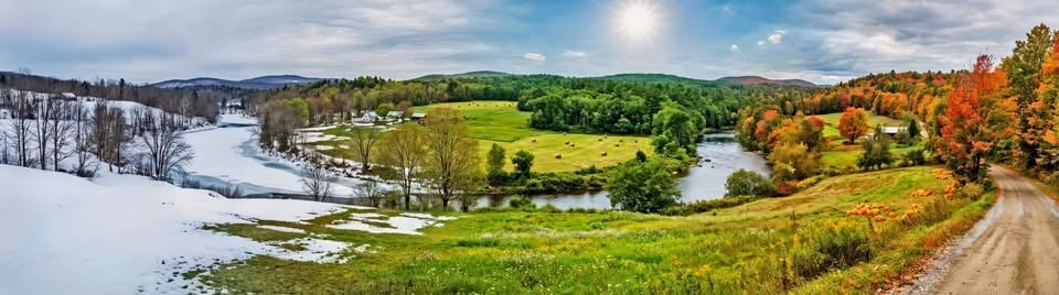 Rural landscape with snowy hills, green fields, winding river, and autumn trees under partly cloudy sky